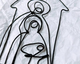 Minimalist Nativity Scene 9x4". Contemporary Wire Art. One Line Wire Drawing. Steel Wire Sculpture. Continuous Line. Christmas Decor & Gifts