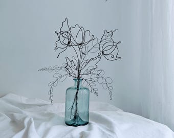 Minimalist Black Wire Flower Bouquet. Handcrafted Metal Art Decor