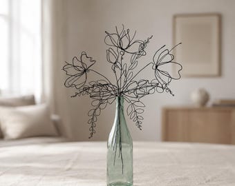 Detailed Wire Flower Bouquet. Rustic Black Metal Floral Arrangement