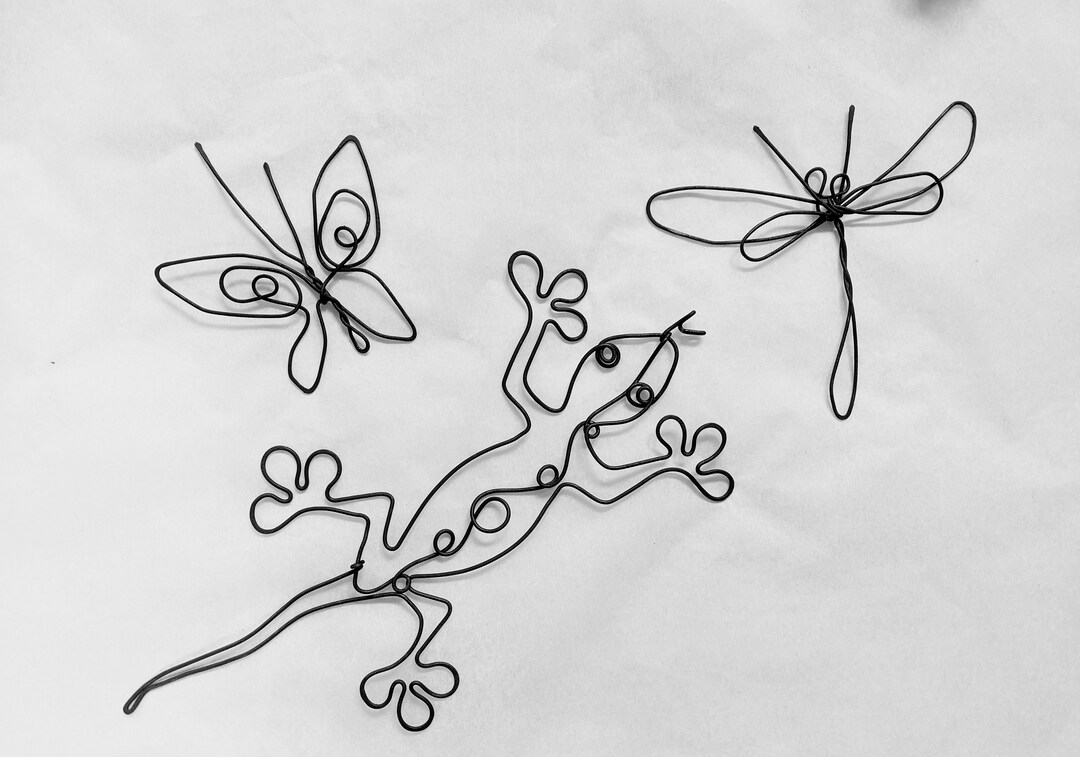Small Steel Wire Lizard Sculpture: Handmade Salamander & Butterfly Wall ...