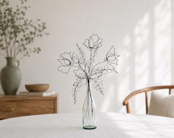 Minimalist Black Wire Flower Bouquet. Handcrafted Metal Art Decor