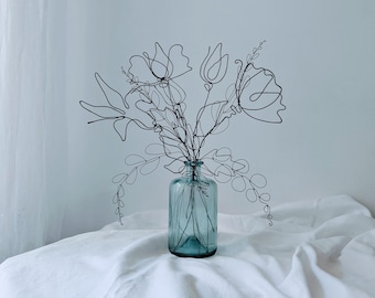 Vase & Wall Metal Wire Flower Bouquet: Steel Floral Stems, Eternal Art Decor