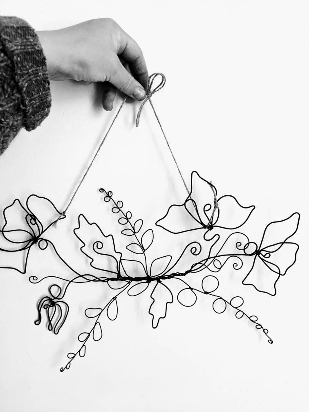 Wire Flowers Wall Decor. 16x8. Black Steel Wire Sculpture. Handmade