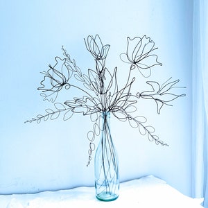 Large Detailed Bouquet. Elegant Handmade Wire Flowers For Wall & Vase Decor. Eternal Gift Flowers. Gray Painted Flowers.