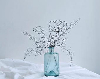 Simple Black Wire Flower And Few Stalks Set. Handmade Metal Vase Art
