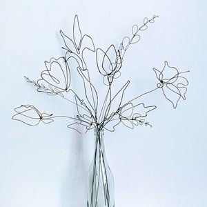 Vintage Style Golden Wire Flower Stalks. Handmade Steel Bouquet. Set of 11