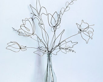 Vintage Style Vase & Wall Black - Golden Wire Flower Stalks. Handmade Metal Bouquet.