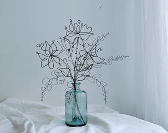 Roses Bouquet. Handmade Metal Decor. Wire Flower Vase & Wall Art