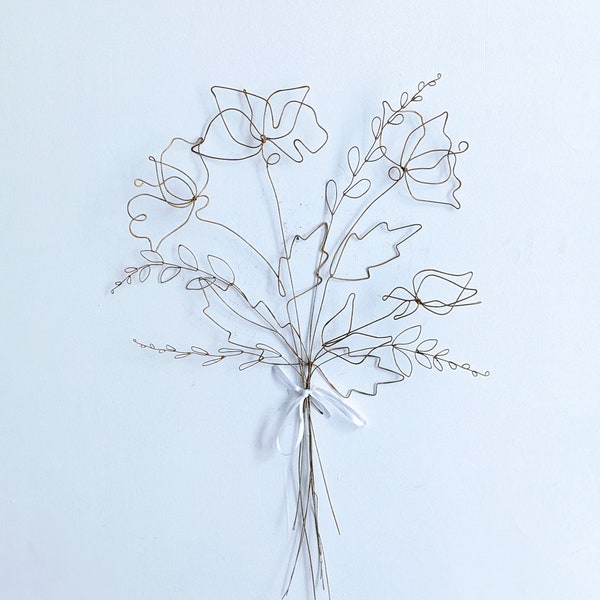 Minimalist Wire Flowers Bouquet Golden . Handcrafted Wire Flowers for Wall Decor and Gifts. Set Of 3 Main Flowers And 6 Other Stalks.