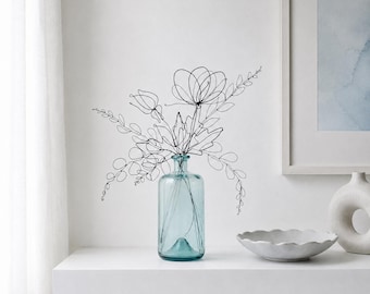 Simple Black Wire Flower And Few Stalks Set. Handmade Metal Vase Art