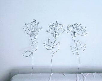 Silver Shades Wire Rose Flowers Set of 3 Flowers. Handmade Wire Art&Wall Decor. Eternal Artificial Sturdy Steel Wire Roses.