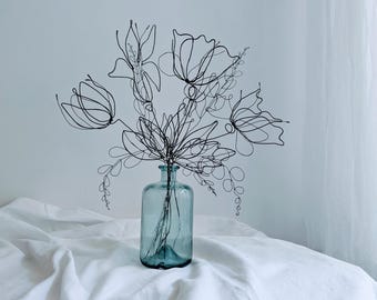 Large Bouquet Of Handmade Black Metal Wire Flower Bouquet: Lily, Poppy, Tulip, Peony
