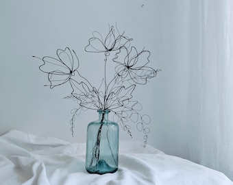 Detailed Wire Flower Bouquet. Rustic Black Metal Floral Arrangement