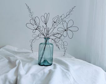 Simple Handmade Wire Flower Bouquet. Black Metal Floral Stems. Home Decor