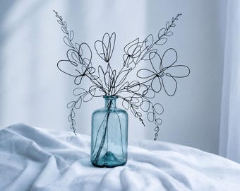 Simple Handmade Wire Flower Bouquet. Black Metal Floral Stems. Home Decor