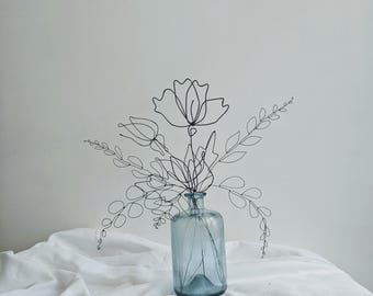 Wire Flower Bouquet: Minimalist Black Metal Stalks, Handmade Home Decor