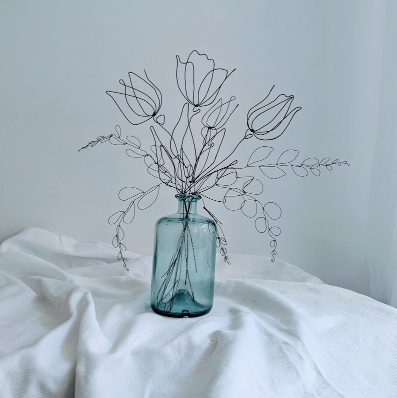 Tulips Wire Bouquet For Small Vase. Wall Sculpture. Minimalist Metal Flower Art image 1
