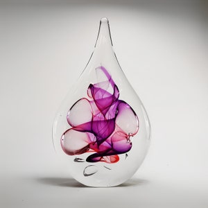 Hand Blown Glass Sculpture - Large Size Height 9.05“ - Flat Drop Shape - Glass Art Statue -  Magenta Colour Design