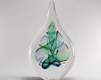 Hand Blown Glass Sculpture: Aqua Blue & Green Flat Drop - European Art