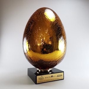 May include: A gold glass egg award on a black base with a gold plaque that reads "TERIX STATYBUŽIA ADMA Rolandui nuo kolektyvo 60-ojo jubiliejaus proga"