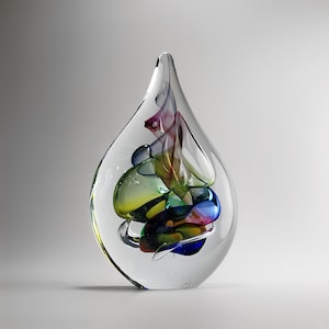Puede incluir: Una escultura de vidrio transparente en forma de lágrima que presenta un remolino interno de colores vibrantes, incluyendo azul, verde, amarillo y magenta. El objeto de vidrio sólido tiene una superficie lisa y pulida con una parte superior puntiaguda, mostrando un diseño abstracto complejo y multicolor suspendido dentro del cuerpo de vidrio transparente.