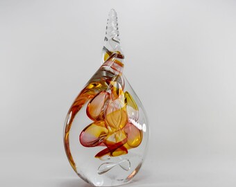 Handgemaakte geblazen glazen sculptuur - vorm van zeeschelp - zonsondergangkleurenpalet - roze en geel - verzamelcadeau - uniek ontwerp