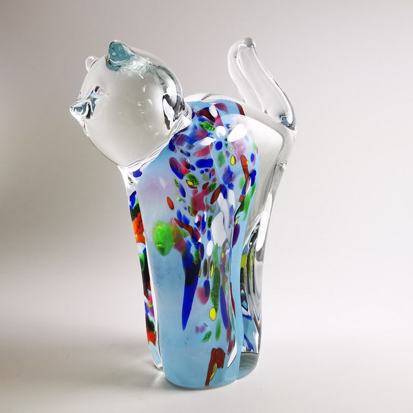 Chat en verre soufflé fait main - Figurine animal - Symbole de 2023 - Cadeau spécial - Décoration bleu clair