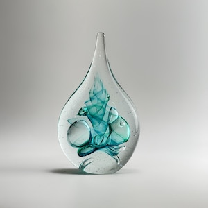 Hand Blown Glass Sculpture - Aqua Blue Teardrop Art - Handmade Home Decor