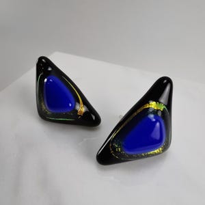 Triangle Stud Earrings – Fused Glass – Opaque Black with Blue Dichroic Accents – Handmade Jewelry – Modern Minimalist Gift