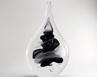 Scultura in vetro soffiato fatta a mano - Forma a goccia piatta - Decorazione per la casa in bianco e nero