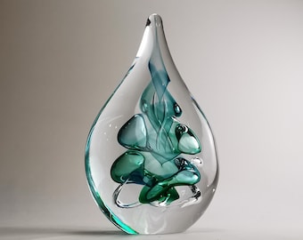 Handmade Blown Glass Flat Drop Shape Sculpture - 6.3 Inch - Aqua Blue - Home Decor Gift