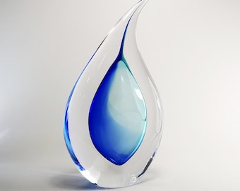 Handmade Blown Glass Drop Sculpture - Height 9.05" - Blue Design - Collectible Art - Home Decor