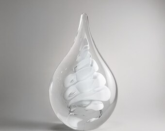 Handmade Blown Glass Sculpture – Flat Drop Opaque White - 5.70 Inches - Home Accent or Anniversary Gift