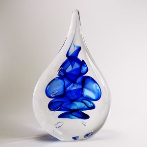 Handmade Blown Glass Sculpture - Flat Drop Shape - Glass Art Statue - Recognition Trophy - Blue Colour Design