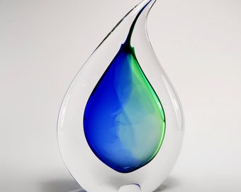 Hand Blown Glass Drop Shape Sculpture - Blue And Green Colours - Personal Gift - Office Decor