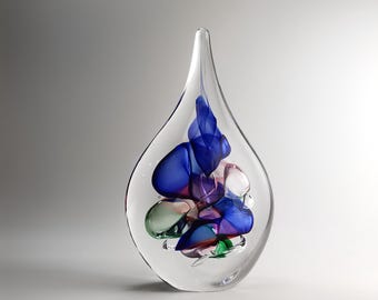 Elegant Flat Drop Glass Sculpture - Handcrafted Blue Colour Mix Design - Collectible Artwork