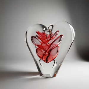 Red Heart Shape Sculpture - Blown Glass Paperweight - 4.33" Height - Wedding Gift - Home Decor