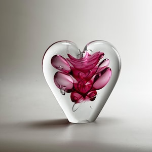 Handmade Studio Glass Heart Sculpture - Ruby Flower Motif - Unique Home Decoration