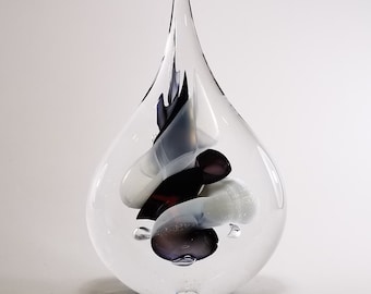Handmade Blown Glass Sculpture - Flat Drop Shape - Glass Art Statue - Black And White Colour Design