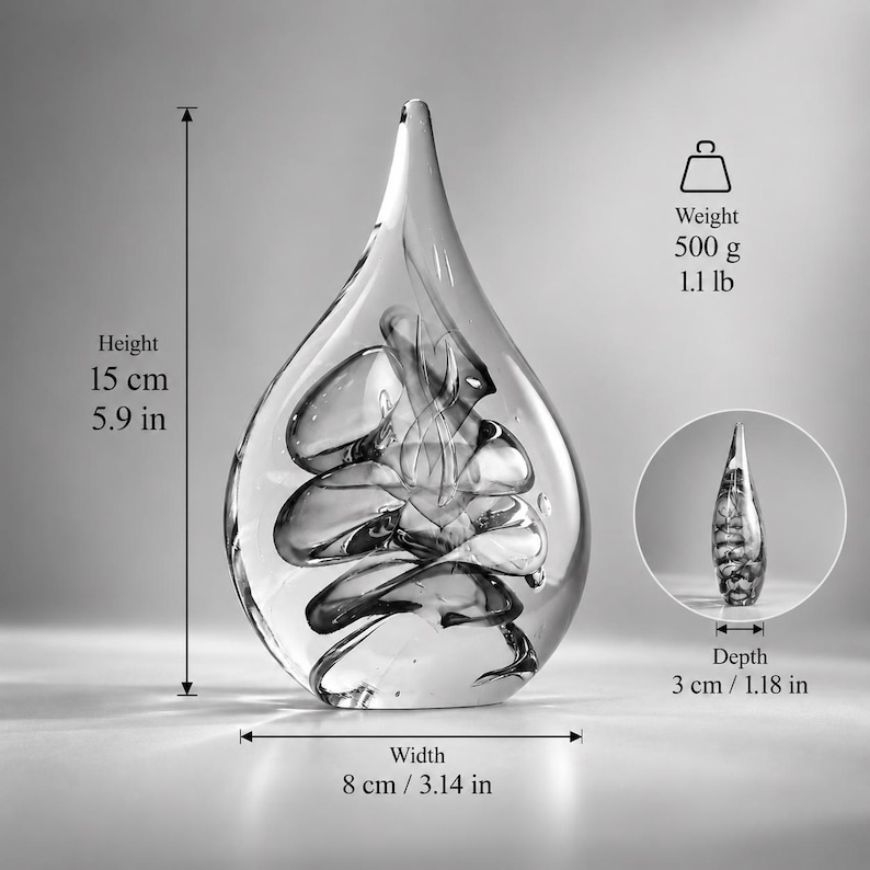May include: A clear glass sculpture in a teardrop shape with internal swirling dark gray patterns. The object has a height of 5.9 inches, a width of 3.14 inches, a depth of 1.18 inches, and a weight of 1.1 pounds as indicated by the text.