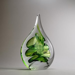 Handmade Blown Glass Flat Drop Sculpture - Green and Yellow - Unique Home Decor