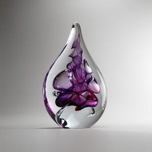 Handgemaakte geblazen glazen platte druppelsculptuur - paars bloemmotief - Woondecoratie