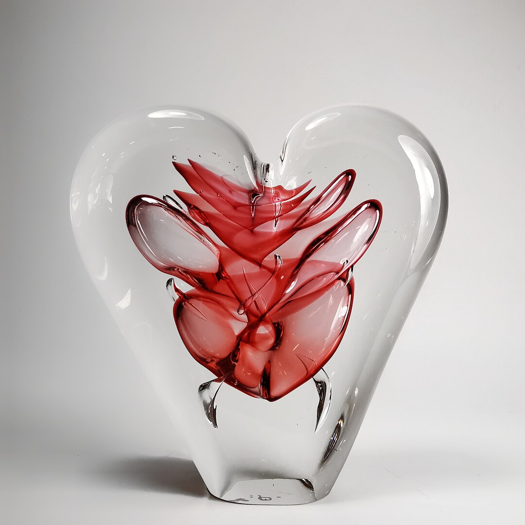 Handmade Blown Glass Heart Sculpture Floral Motif Wedding Gift Valentine Present Home Decoration