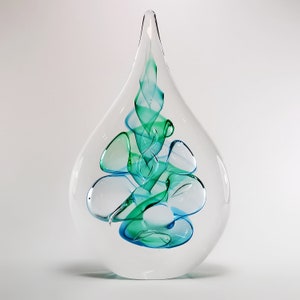 Mundgeblasene Glasskulptur - Große Höhe 21 cm - Flache Tropfenform - Glaskunststatue - Aqua Blue Farbdesign