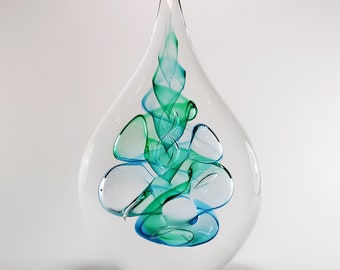 Hand Blown Glass Sculpture - Large Size Height 8.21“ - Flat Drop Shape - Glass Art Statue - Aqua Blue Colour Design