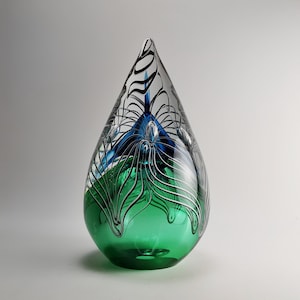 Glastropfen Skulptur - H 20 cm - Pfauenmuster - Luxus Design - Kunstsammlung - Aqua Blaues Dekor - Jubiläumsgeschenk - Innenakzent