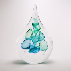 Handmade Blown Glass Sculpture - Flat Drop Shape - Height 5.9“ - Glass Art Piece - Aqua Blue Colour Design - Collectible Art and Unique Gift