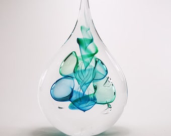 Handmade Blown Glass Sculpture - Flat Drop Shape - Height 6.29“ - Glass Art Statue - Aqua Blue Colour Design