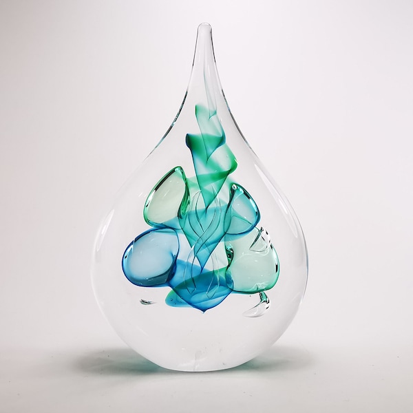 Handmade Blown Glass Sculpture - Flat Drop Shape - Height 6.29“ - Glass Art Statue - Aqua Blue Colour Design