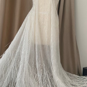 Rose Gold Luxury Ostrich Feather Mesh Lace Fabric 3D Feathers Sequin On Mesh Prom Fabric Bridal Evening Dress Quinceanera Gown Fashion image 6